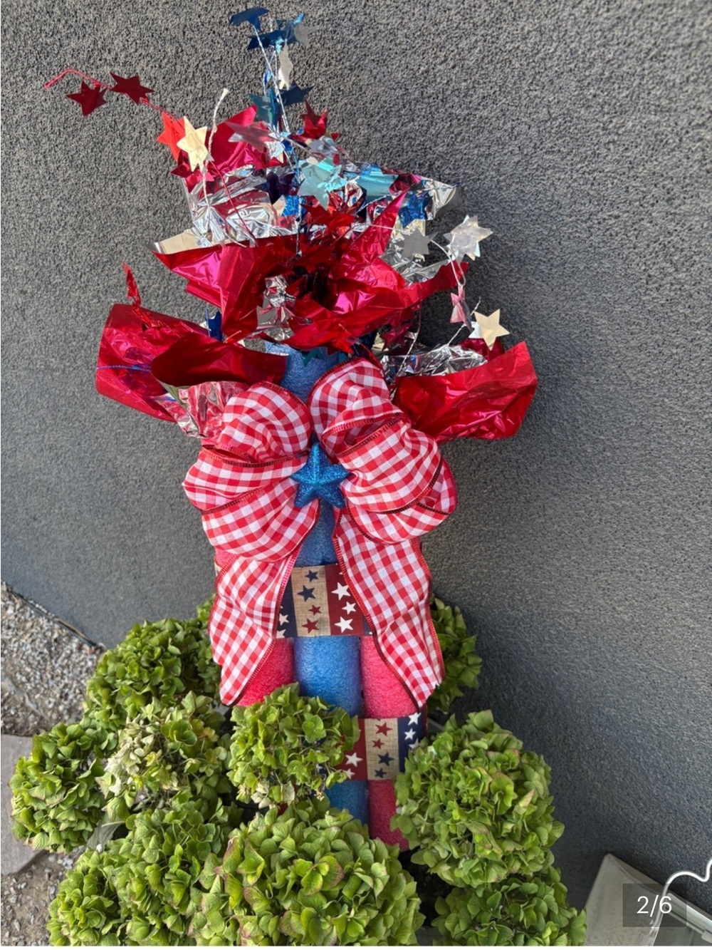 Patriotic Red & Blue Holiday Plant or Wall  decoration with Gingham Bow